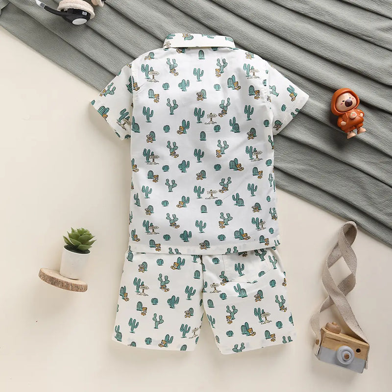 Boys Green Cactus Printed Shirt With T-Shirt And Shorts Sets 3 pc. Sets