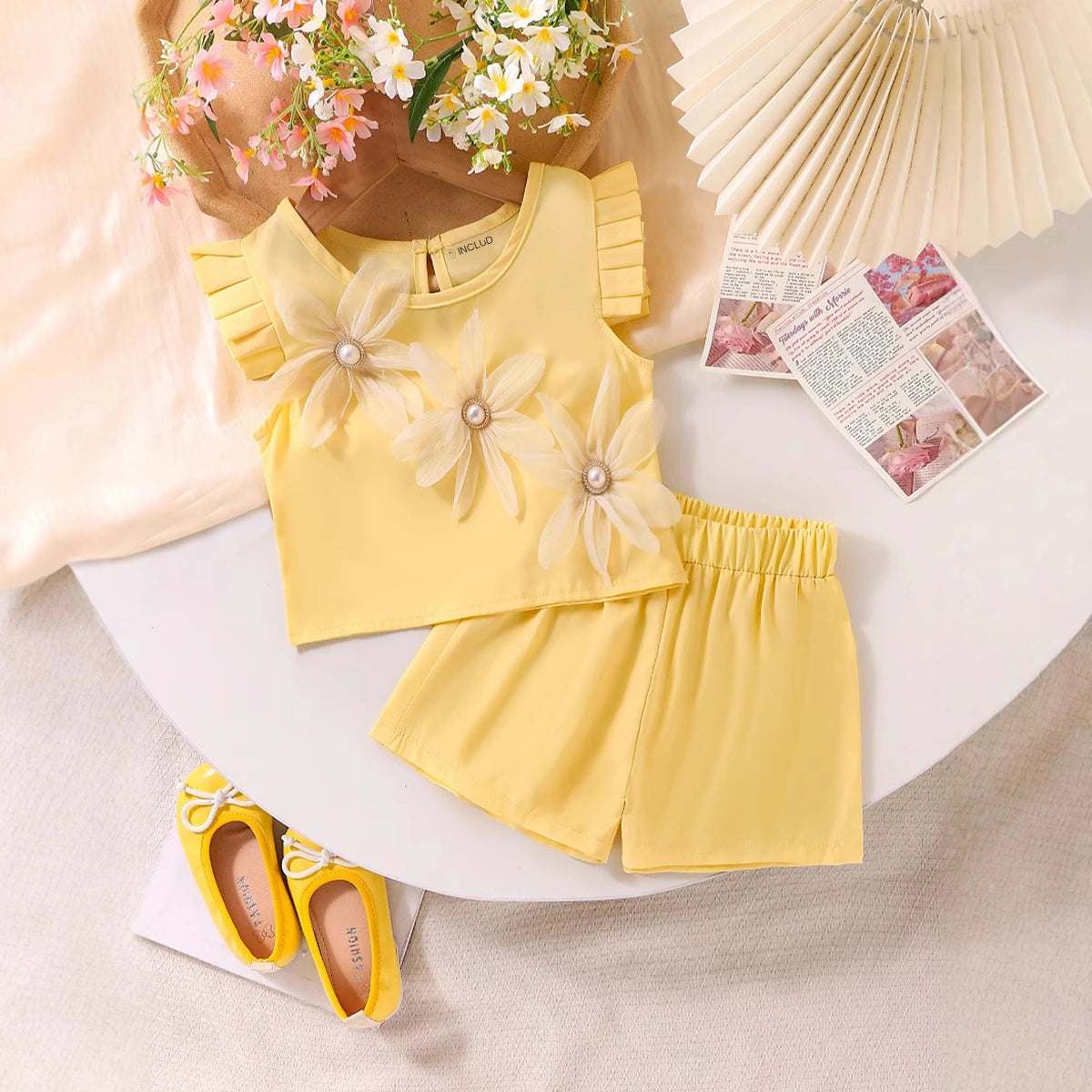 Girls Yellow Floral Applique Flutter Sleeve Top With Shorts Sets 2 pc. Sets Yellow 3-4 Y