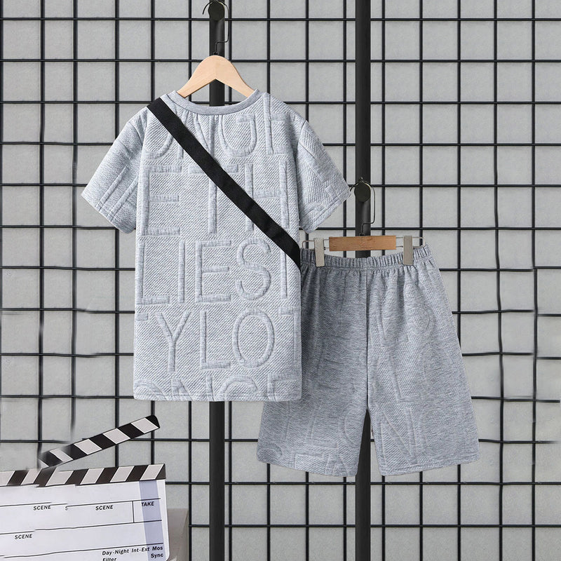 Boys Grey Self Designed Short Sleeves T-Shirt With Sling Bag and Shorts set 2 pc. Sets