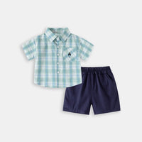 Boys Light Green Checked Short Sleeves Shirt With Shorts Sets Sets Light Green 1-2 Y