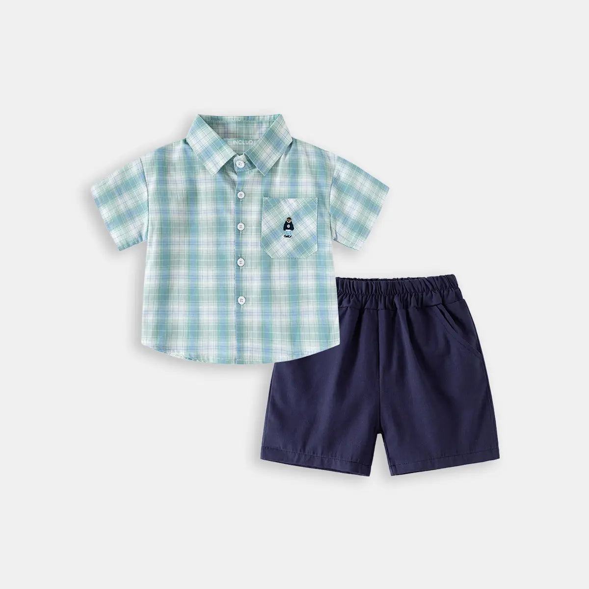 Boys Light Green Checked Short Sleeves Shirt With Shorts Sets Sets Light Green 1-2 Y