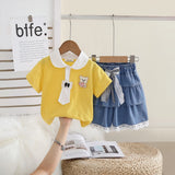 Girls Yellow Bear Patch Embroidered Polo Top With Ruffle Denim Shorts Set