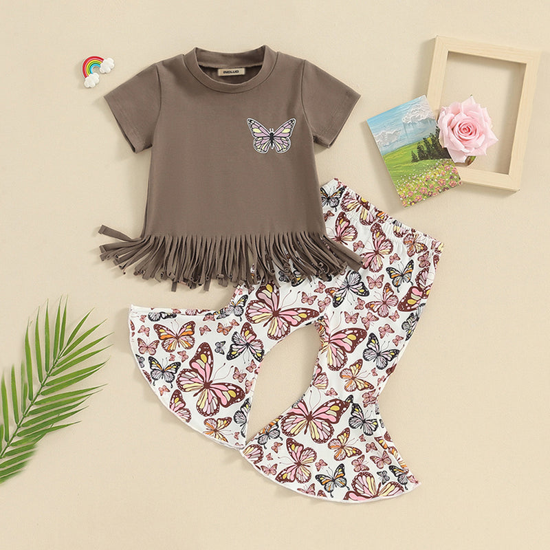 Girls Fringe T-shirt With Butterfly Print Flared Pants Set Sets Brown 1-2 Y 