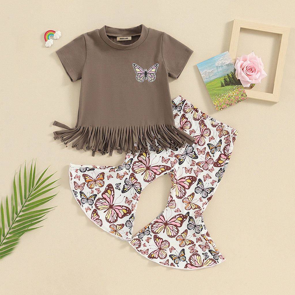 Girls Fringe T-shirt With Butterfly Print Flared Pants Set