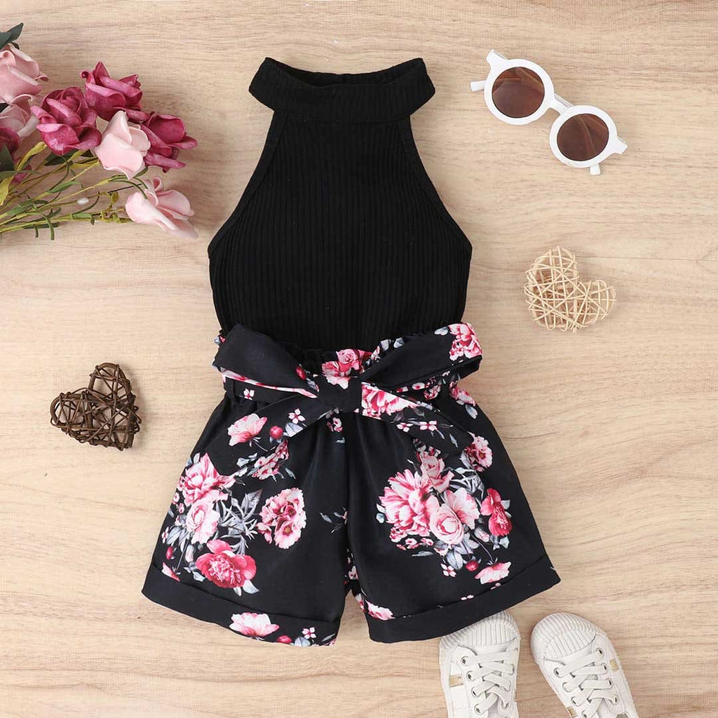 Girls Halter Neck Top With Floral Printed Shorts Set