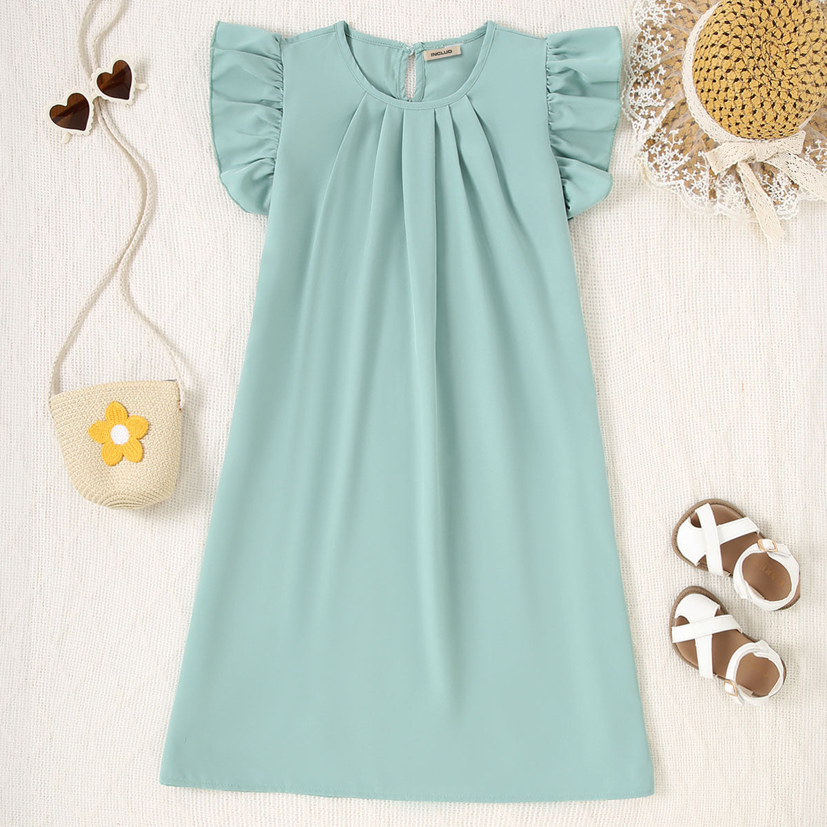 Girls Green Flutter Sleeves A-Line Casual Dress Casual Dresses Green 7-8 Y