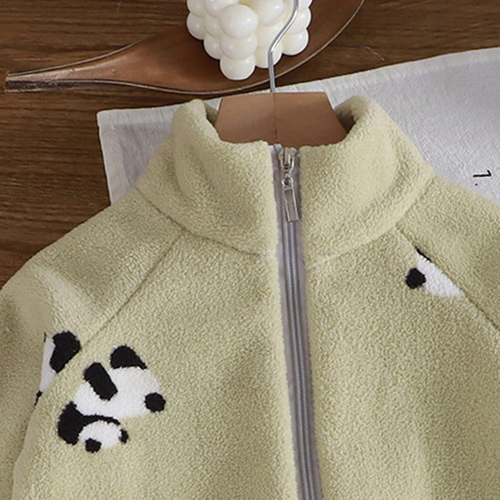 Boys Light Green Fleece Panda Cartoon Printed Zip-up Jacket With Jogger Co-ord Sets Sets