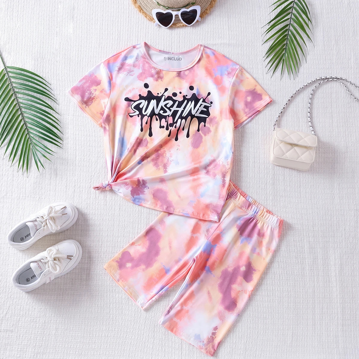 Girls Multicolor Tie & Dye Print Short Sleeve T-Shirt With Shorts Sets 2 pc. Sets Multicolor 7-8 Y