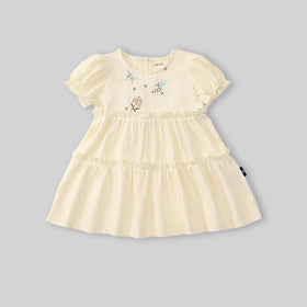 Girls Beige Floral Embroidered Puff Sleeve Tiered Dress Casual Dresses