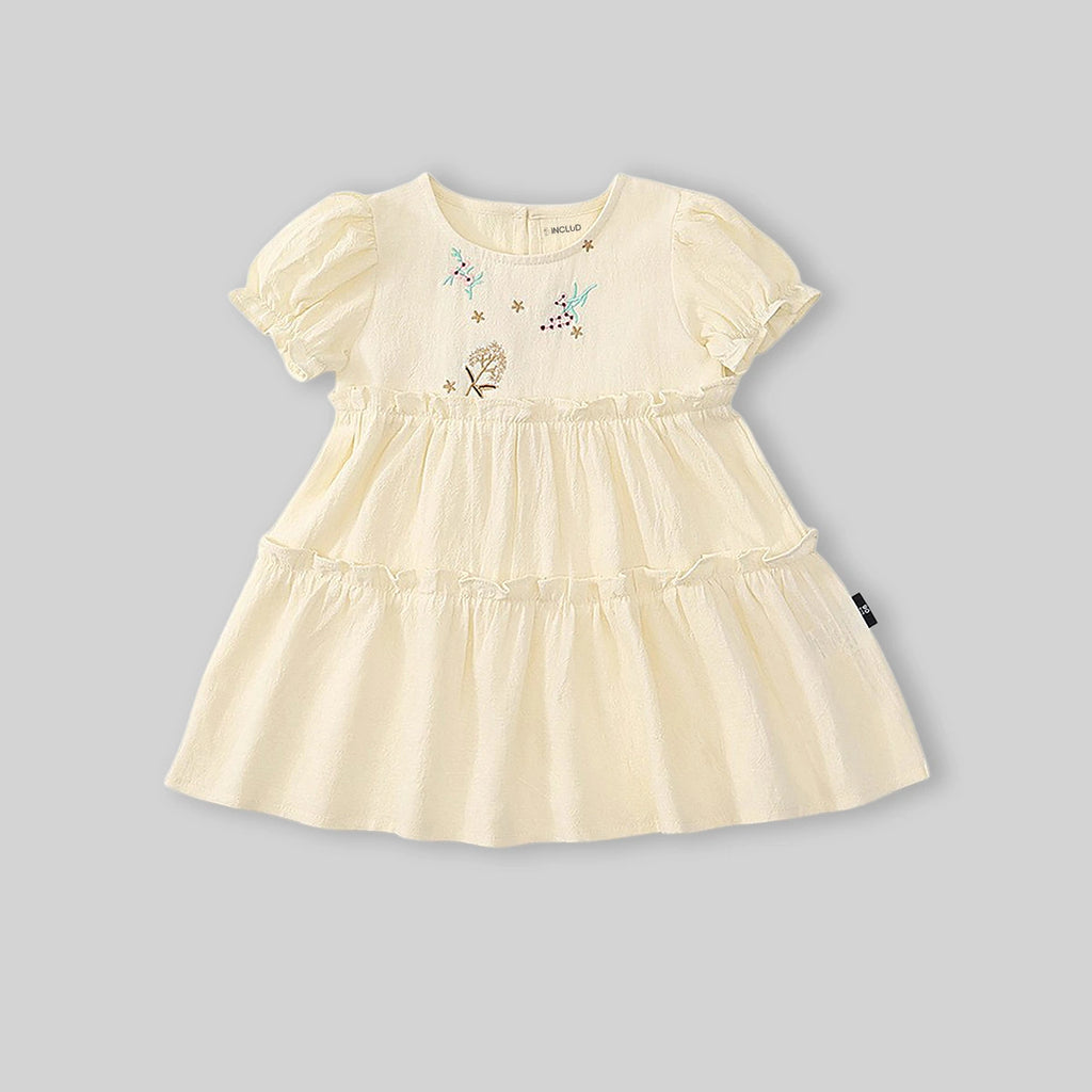 Girls Beige Floral Embroidered Puff Sleeve Tiered Dress Casual Dresses