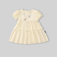 Girls Beige Floral Embroidered Puff Sleeve Tiered Dress Casual Dresses