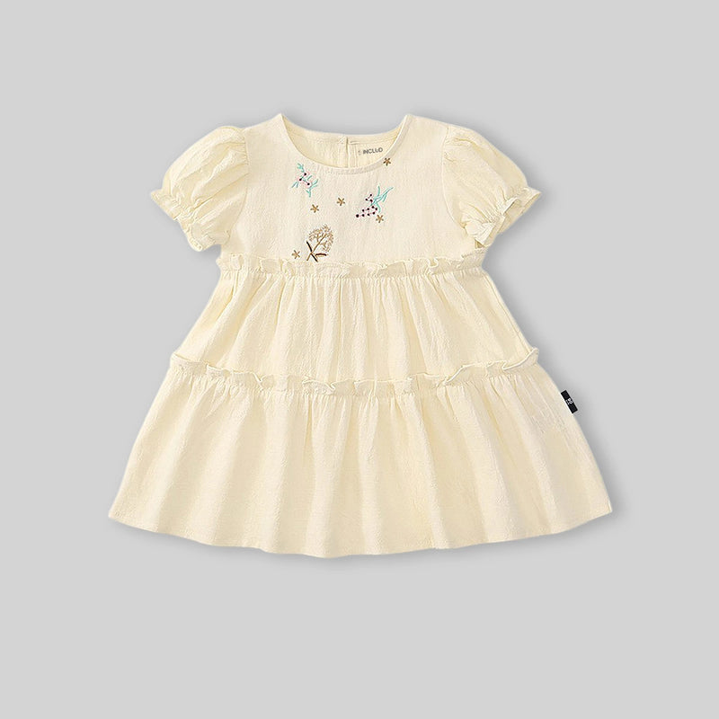Girls Beige Floral Embroidered Puff Sleeve Tiered Dress Casual Dresses