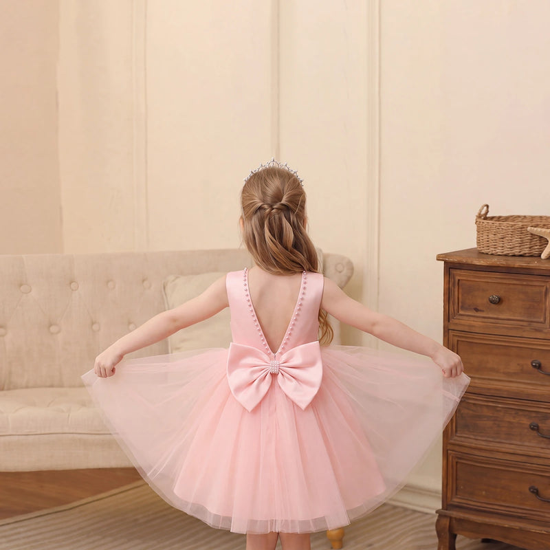 Girls Pink Beaded Neck Sleeveless Fit & Flare Party Wear Dress Party Dresses