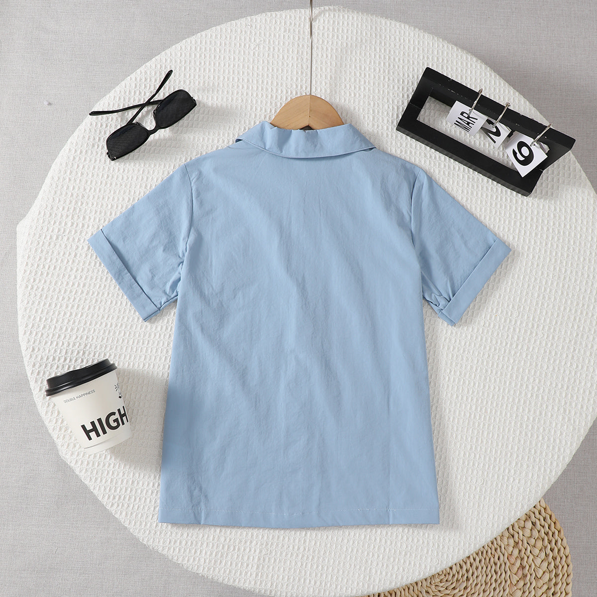 Boys Blue Short Sleeves Double Front Pockets Shirt Shirts