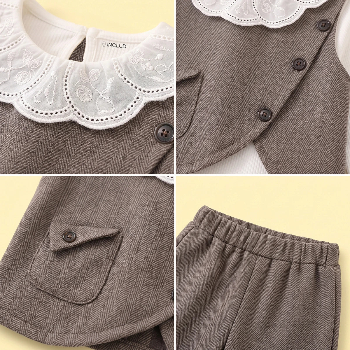 Girls Light Brown Textured Vest & Pants With Eyelet Collar Top Sets Sets