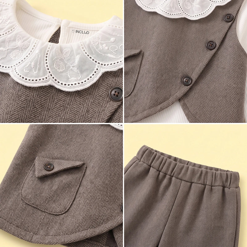 Girls Light Brown Textured Vest & Pants With Eyelet Collar Top Sets Sets