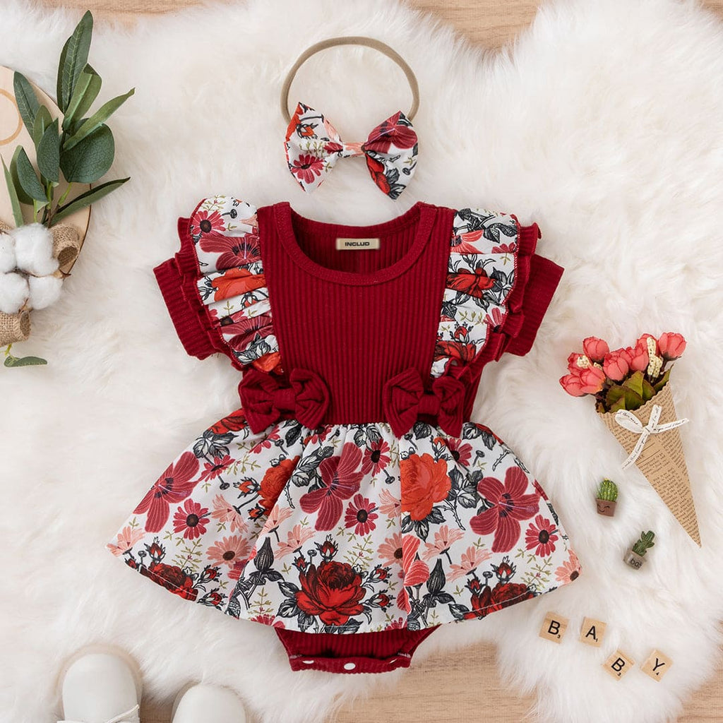 Girls Floral Print Short Sleeves Bodysuit Dress Casual Dresses Maroon 1-2 Y 