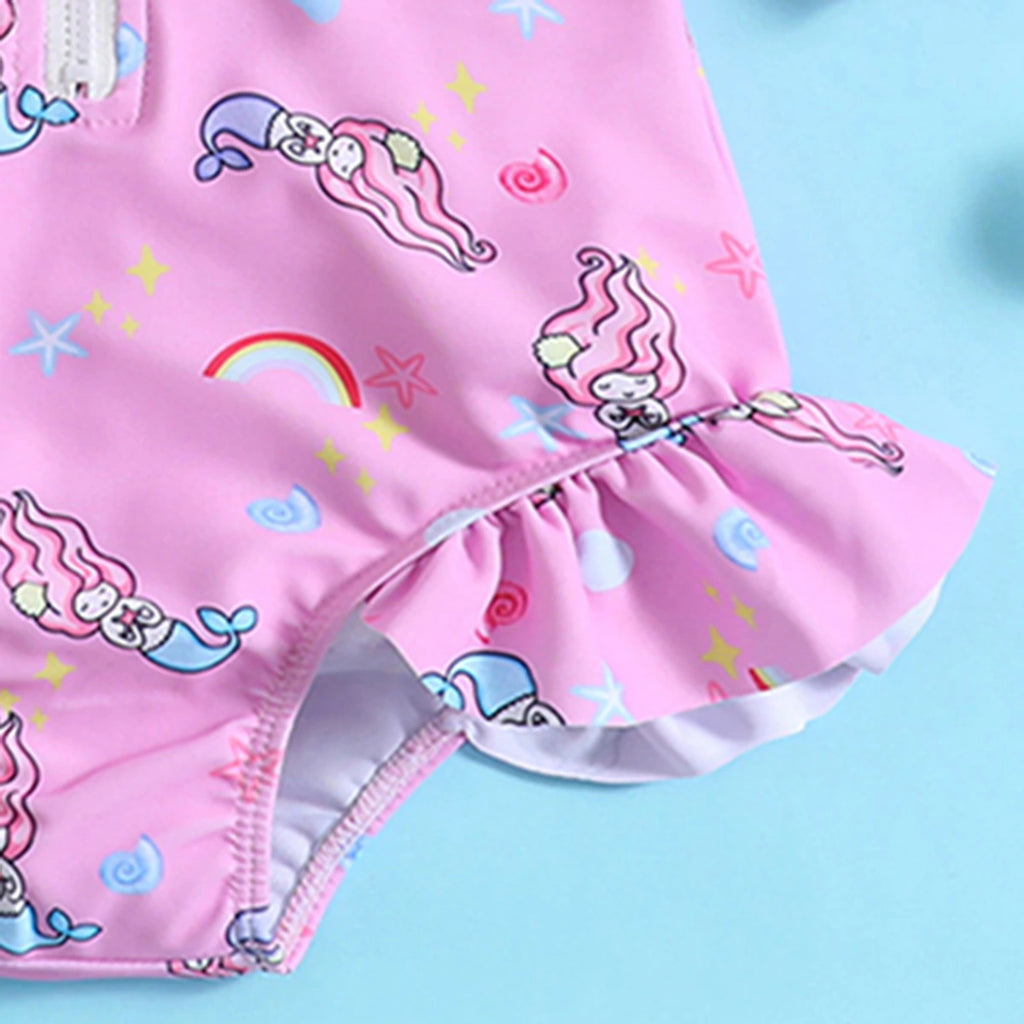 Girls Pink Mermaid Printed Half Zipper Swimwear Bodysuit Beachwear