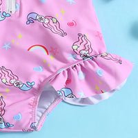Girls Pink Mermaid Printed Half Zipper Swimwear Bodysuit Beachwear