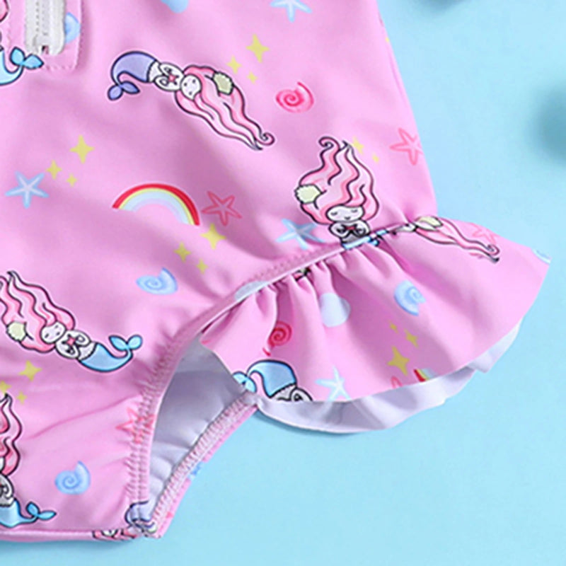 Girls Pink Mermaid Printed Half Zipper Swimwear Bodysuit Beachwear