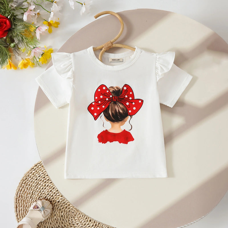 Girls Graphics Short Sleeves Top With Red Ruffled Shorts Set Sets