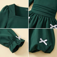 Girls Dark Green Bow Applique Balloon Dress Casual Dresses