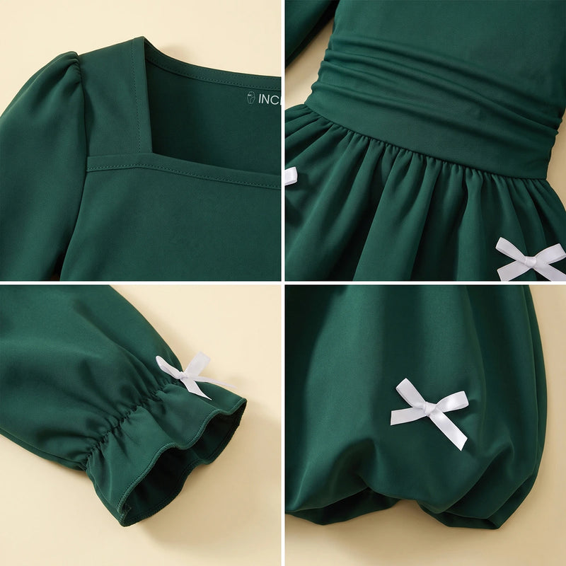 Girls Dark Green Bow Applique Balloon Dress Casual Dresses