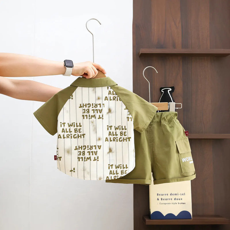 Boys Green Typographic Print Shirt With T-Shirt & Shorts Set Sets