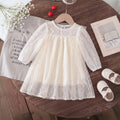 Girls Cream Embroidered Sheer Net Puff Sleeve A-Line Dress Casual Dresses Cream 1-2 Y