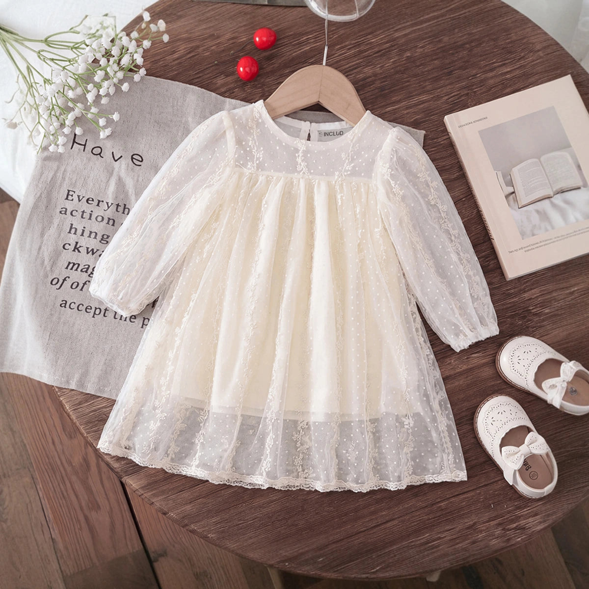 Girls Cream Embroidered Sheer Net Puff Sleeve A-Line Dress Casual Dresses Cream 1-2 Y