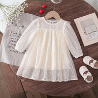Girls Cream Embroidered Sheer Net Puff Sleeve A-Line Dress Casual Dresses Cream 1-2 Y