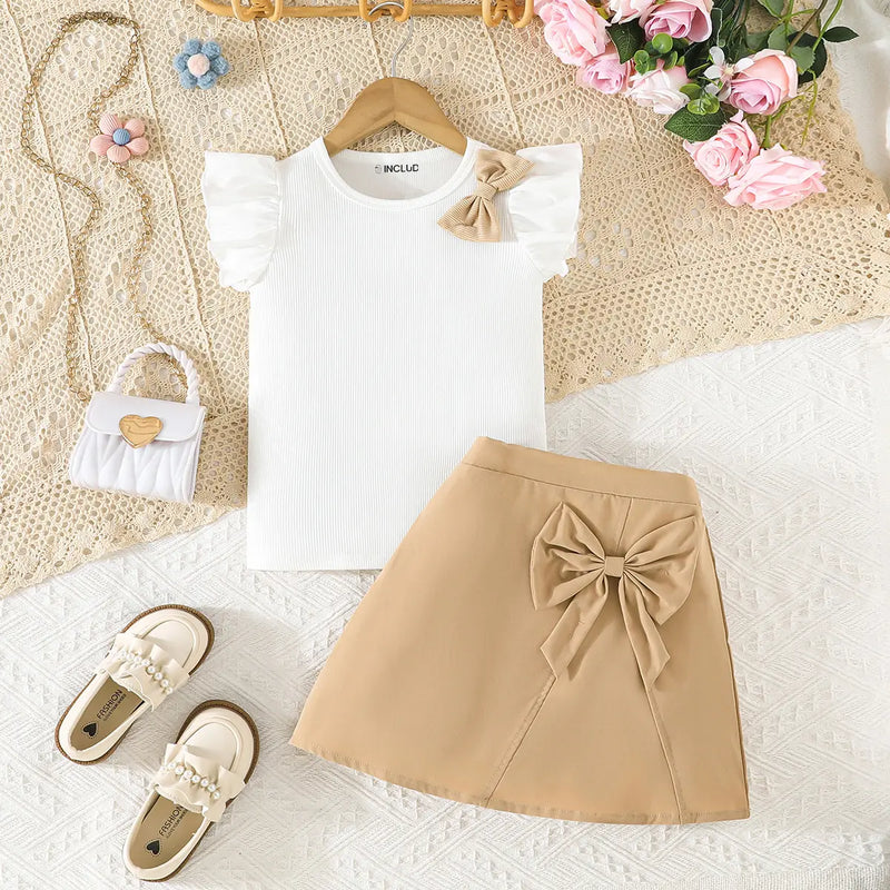 Girls Khaki Bow Applique Top With Elasticated Skirts Sets 2 pc. Sets