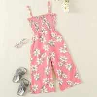 Girls Pink Floral Print Smocked Full Length Jumpsuit Jumpsuits Pink 1-2 Y