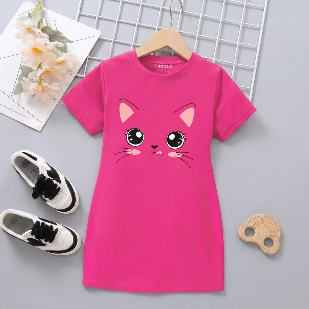 Girls Fuchsia Cat Graphic Short Sleeve T-Shirt Dress Casual Dresses Fuchsia 4-5 Y