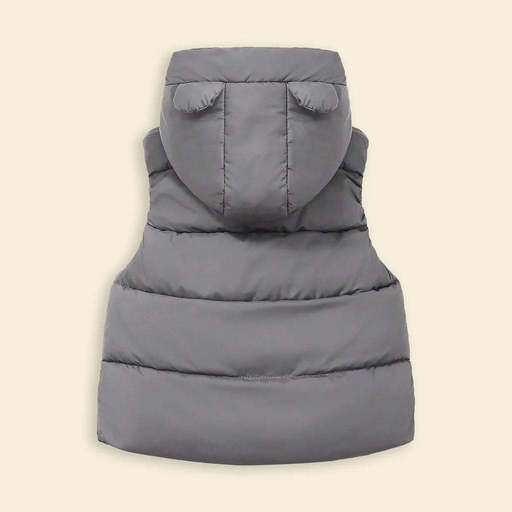 Girls Grey Sleeveless Bear Ear On Hood Quilted Zip-up Jacket Coats & Jackets