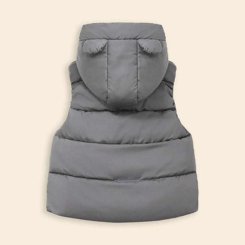 Girls Grey Sleeveless Bear Ear On Hood Quilted Zip-up Jacket Coats & Jackets