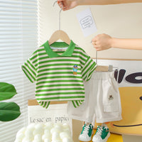 Boys Green Horizontal Striped Polo T-Shirt With Shorts Set 2 pc. Sets