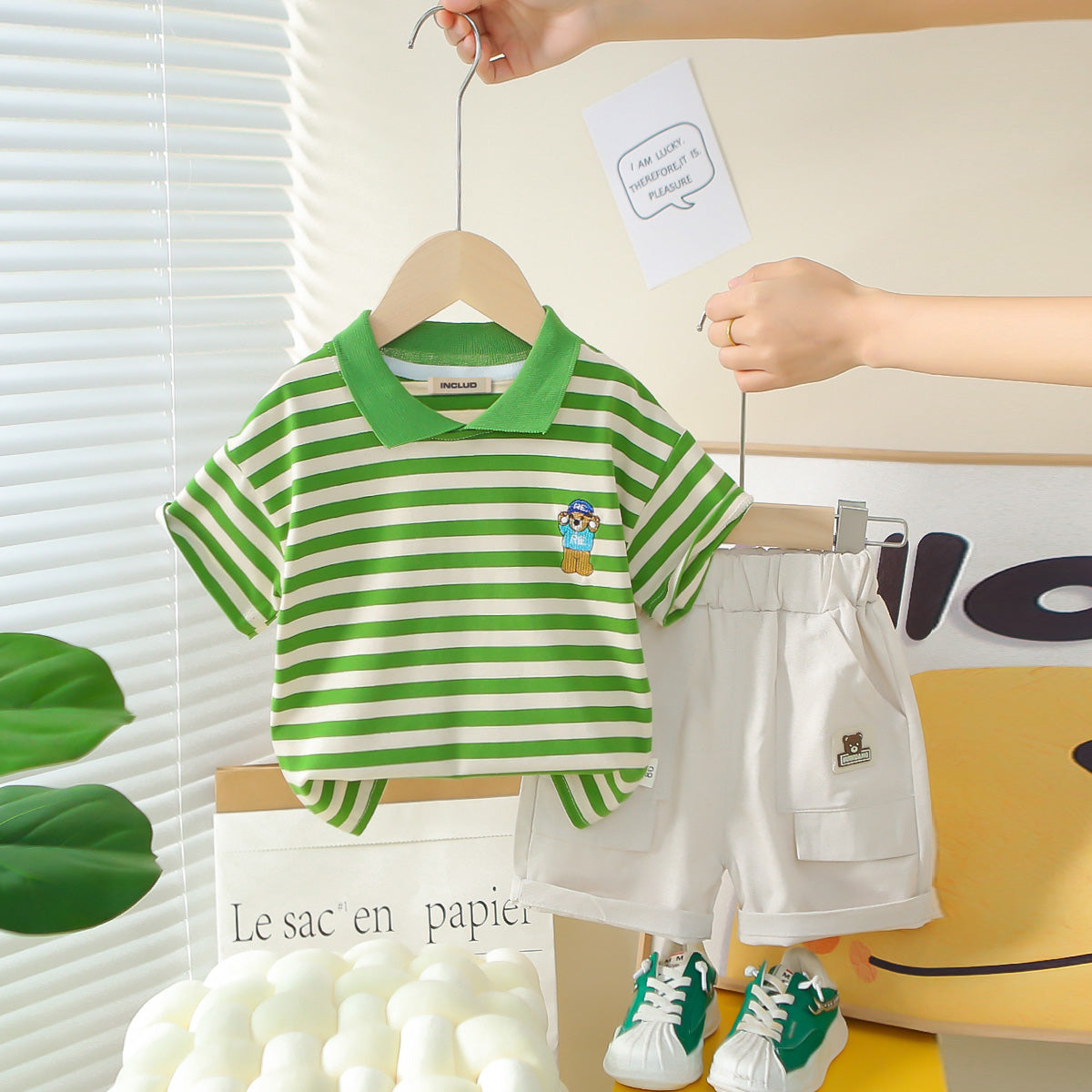 Boys Green Horizontal Striped Polo T-Shirt With Shorts Set 2 pc. Sets