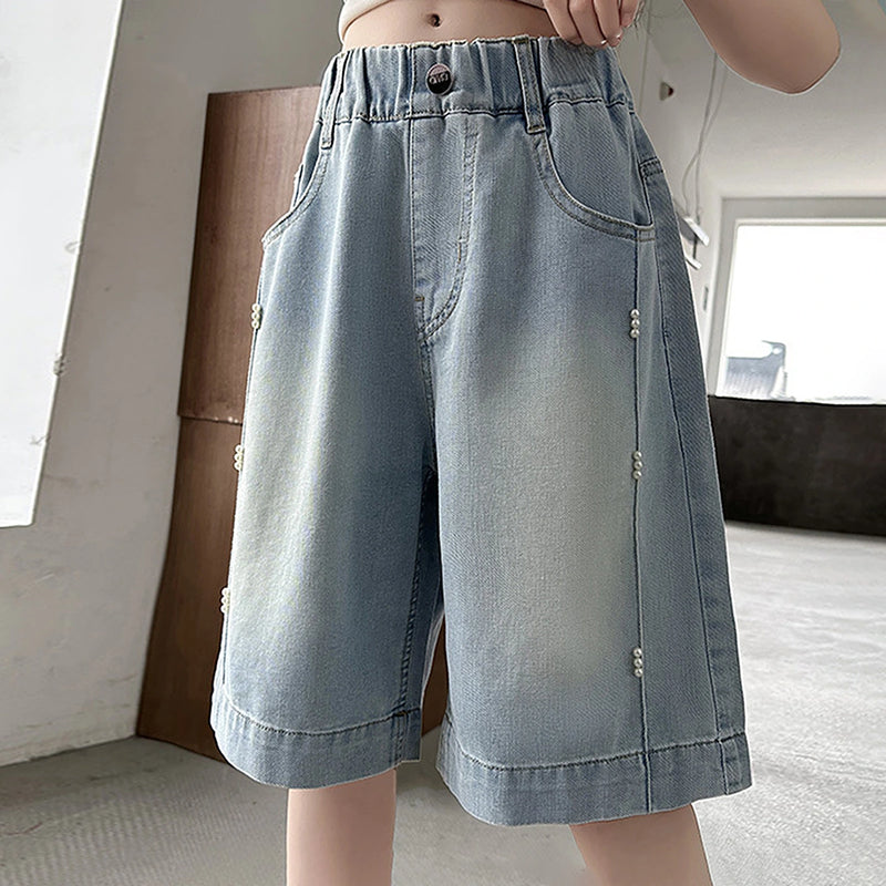 Girls Light Blue Pearl Embellished Relaxed Fit Denim Shorts Shorts