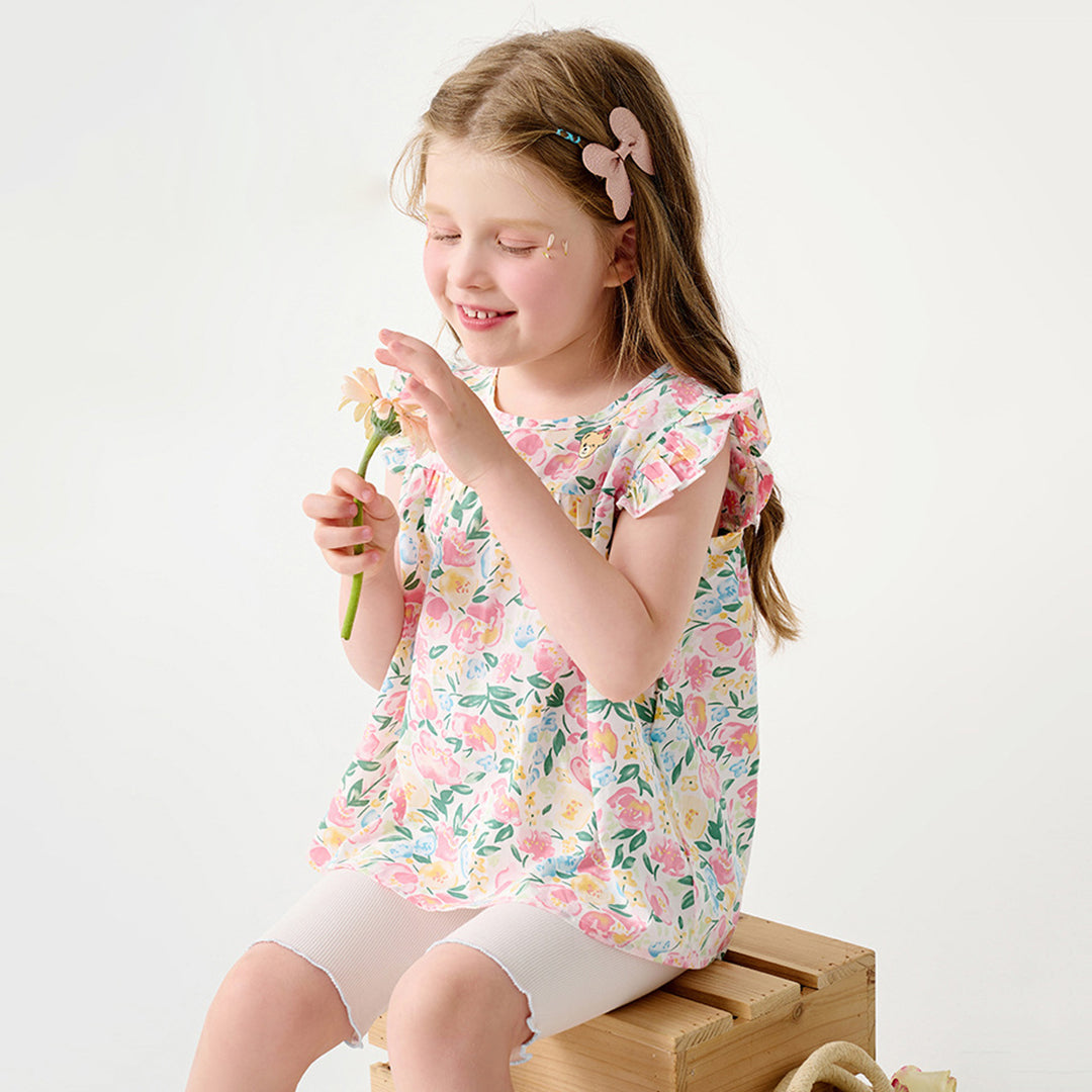 Girls Floral Print Top with Solid Shorts Set Sets Pink 1-2 Y 
