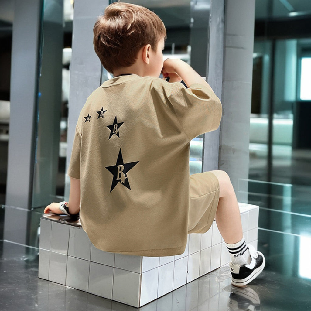Boys Khaki Star Printed Summer Oversized T-Shirt With Shorts Set 2 pc. Sets