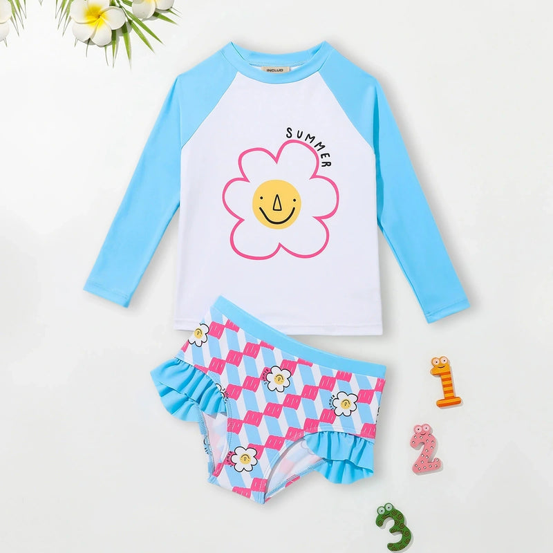Girls Light Blue Flower Printed T-Shirt With Ruffled Briefs Swimwear Sets Sets Light Blue 3-4 Y