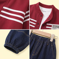 Boys Red Striped Jacket With Denim Pants Sets Sets