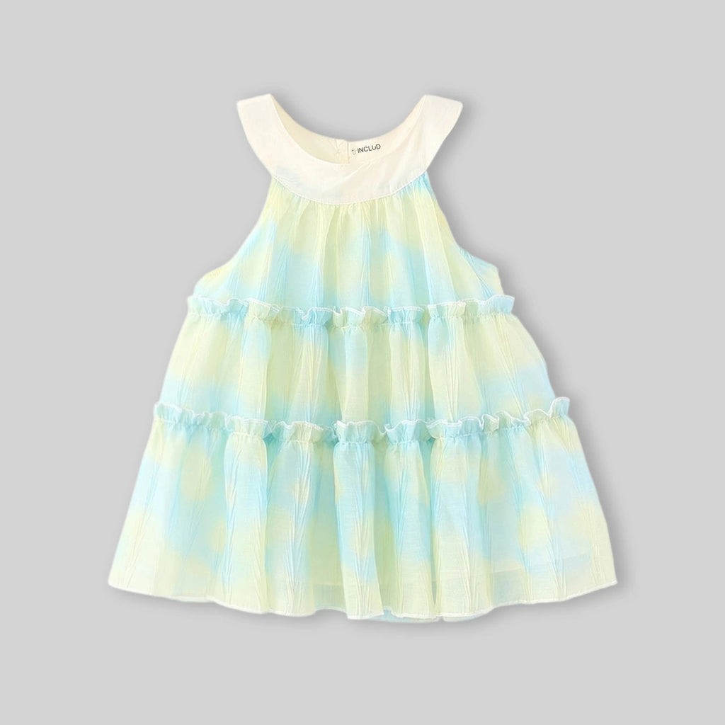 Girls Blue Abstract Print Tiered Halter Neck Dress Casual Dresses Blue 1-2 Y