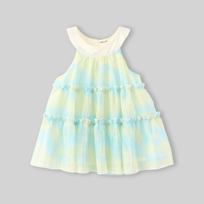 Girls Blue Abstract Print Tiered Halter Neck Dress Casual Dresses Blue 1-2 Y