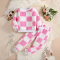 Girls Pink Checked Fleece Sweatshirt With Joggers Co-ord Sets 2 pc. Sets Pink 3-4 Y