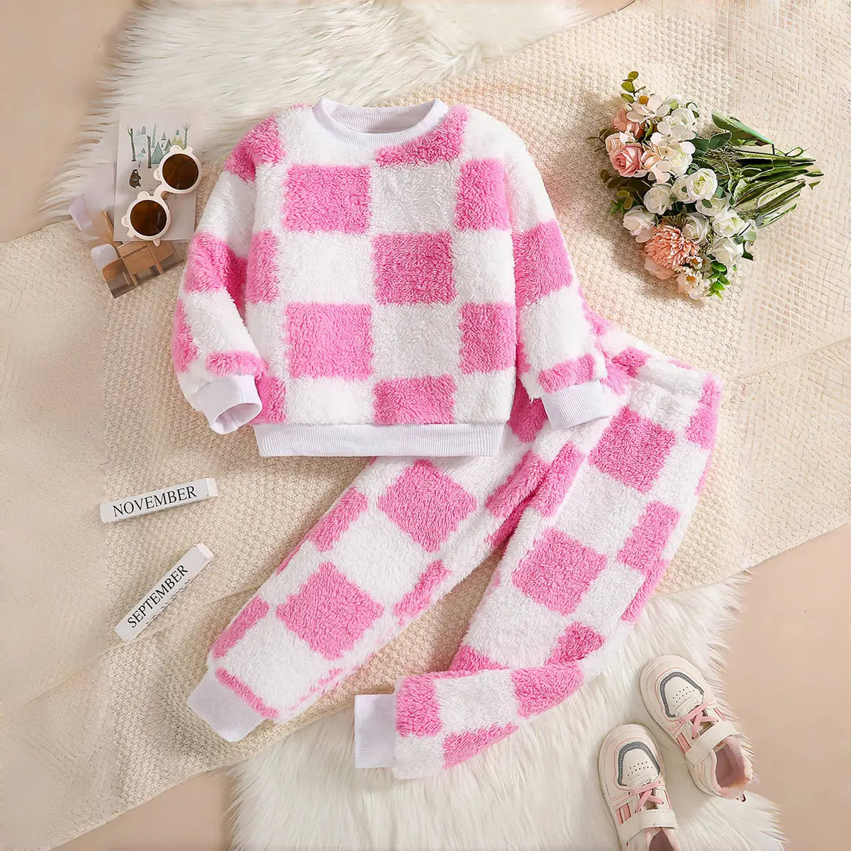 Girls Pink Checked Fleece Sweatshirt With Joggers Co-ord Sets 2 pc. Sets Pink 3-4 Y