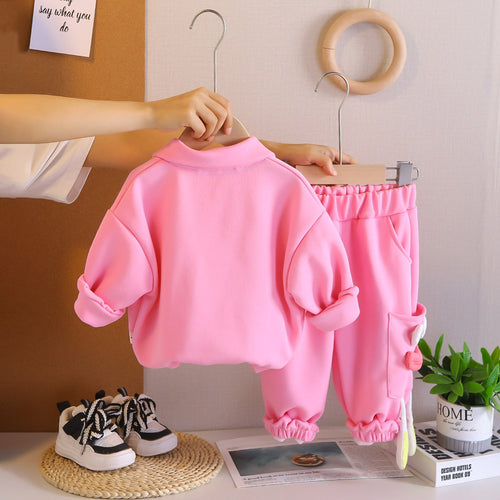 Girls Pink Solid Polo Neck Sweatshirt With Joggers Co-ord Set 2 pc. Sets