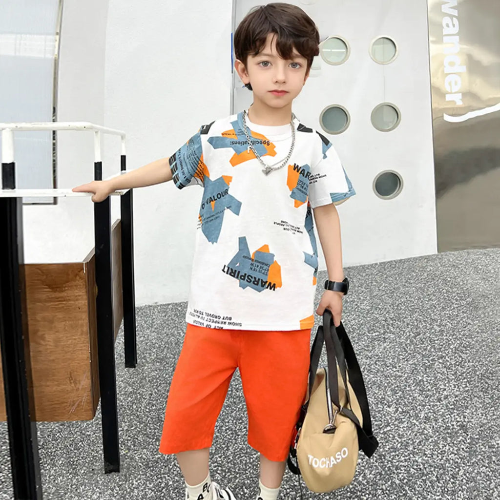 Boys White Graphics Short Sleeves T-Shirt With Shorts Sets Sets