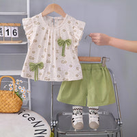 Girls Green Floral Print Bow Applique Top With Shorts Set Sets Green 1-2 Y